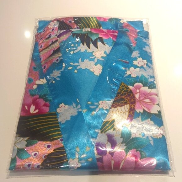 Aibrou Short Floral Blue Kimono Robe Satin With Belt Closure- XL NWT - Picture 3 of 4